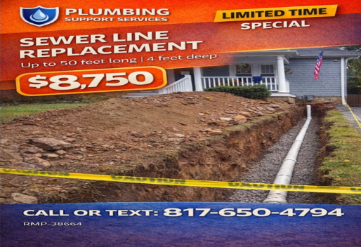 Construction site with trenches, PVC pipes, and a worker in a hard hat installing plumbing.