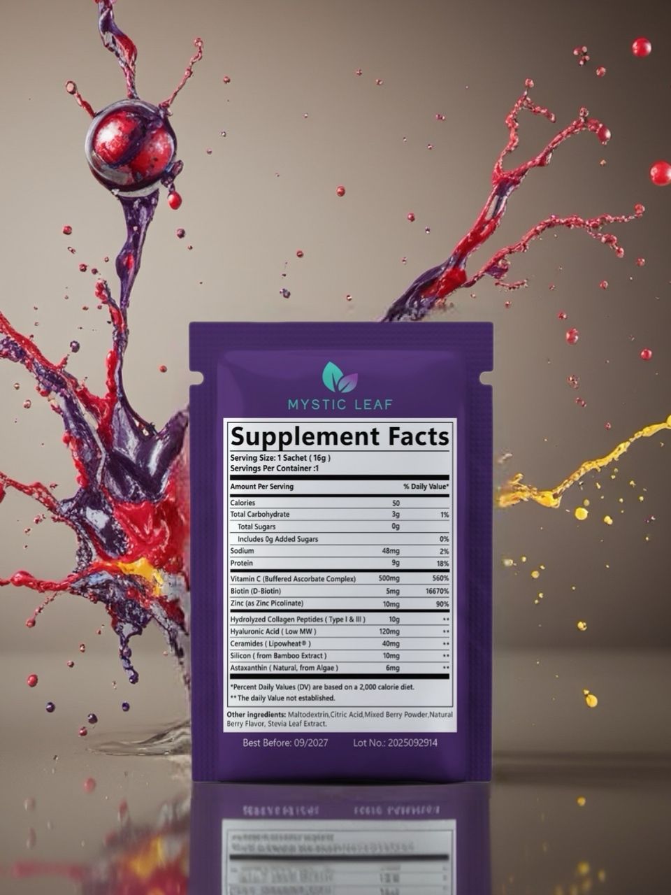 Mystic Leaf Glow & Flow collagen sachets with astaxanthin and vitamin C