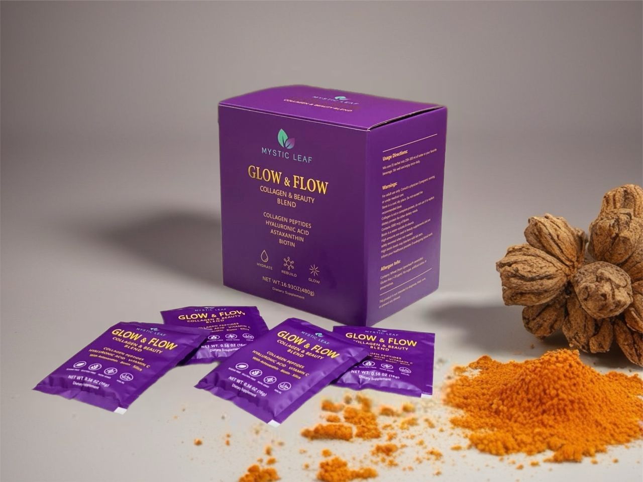 Purple box and packet of Mystic Leaf Glow & Flow collagen supplement.