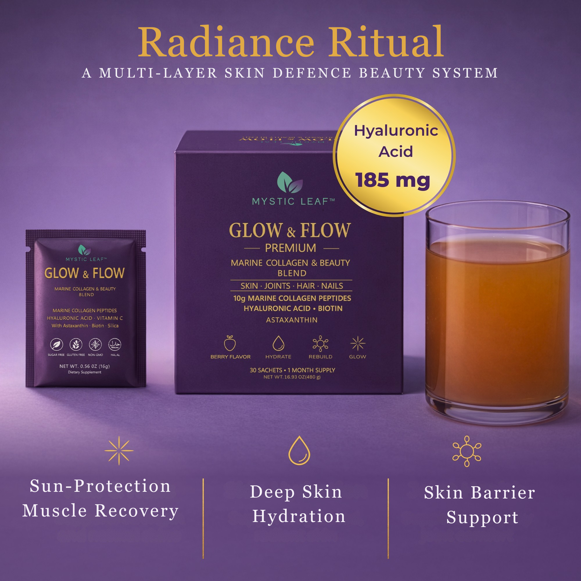 Purple box and packet of Mystic Leaf Glow & Flow collagen supplement.