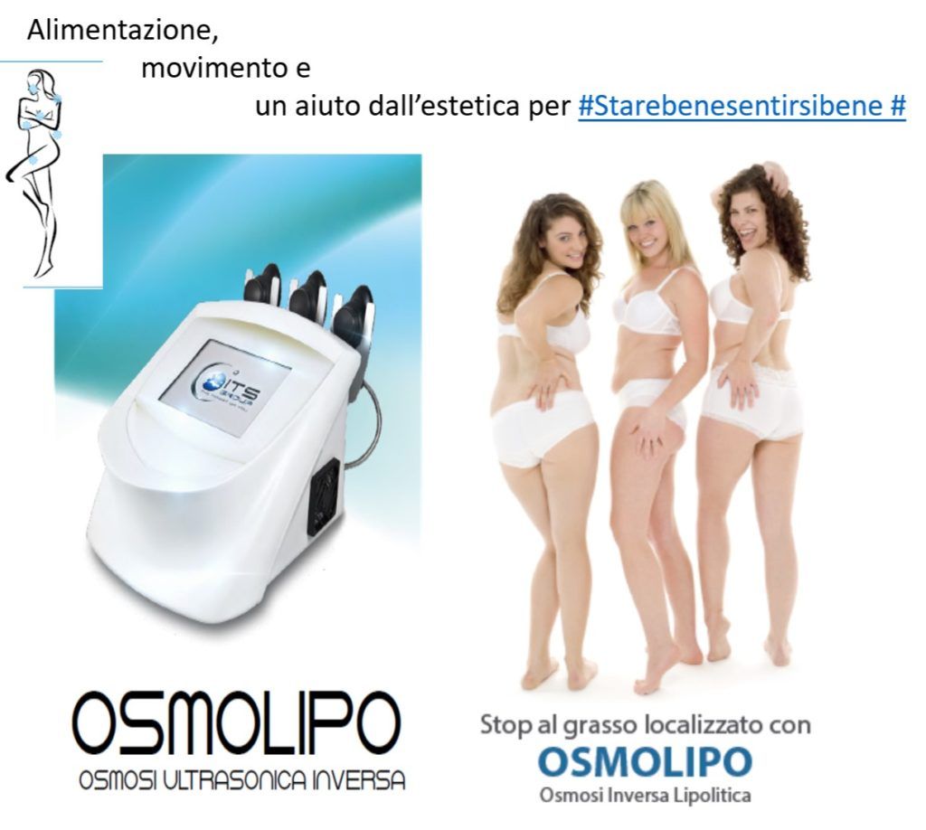 Volantino promozionale per il trattamento Osmolipo, con un dispositivo medico, tre persone in piedi e testo a tema sanitario.