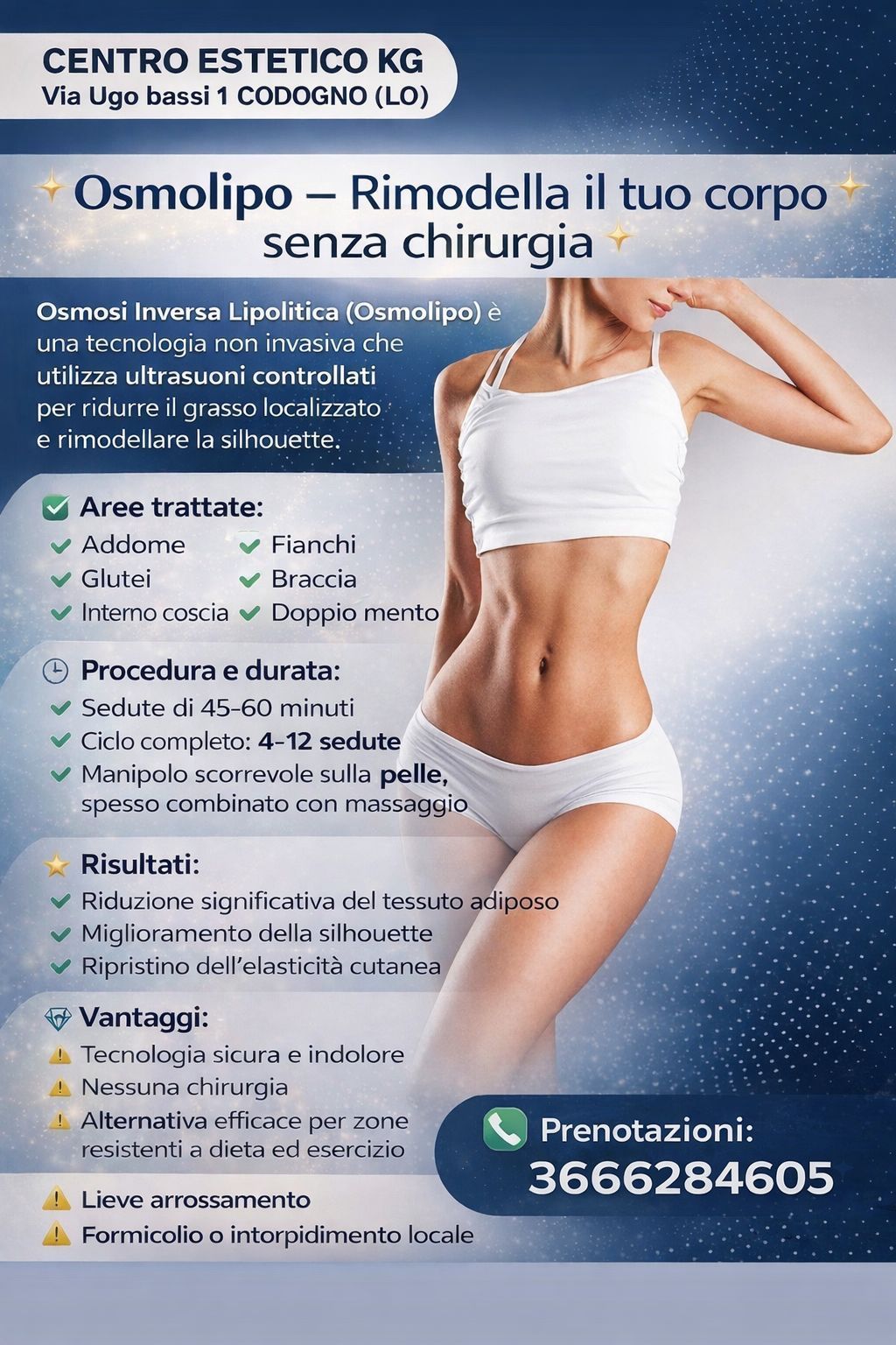 Volantino promozionale del Centro Estetico KG di Codogno per Osmolipo, un trattamento non chirurgico di rimodellamento del corpo.