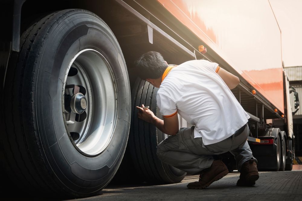 A man is kneeling down to check the tire of a semi truck.