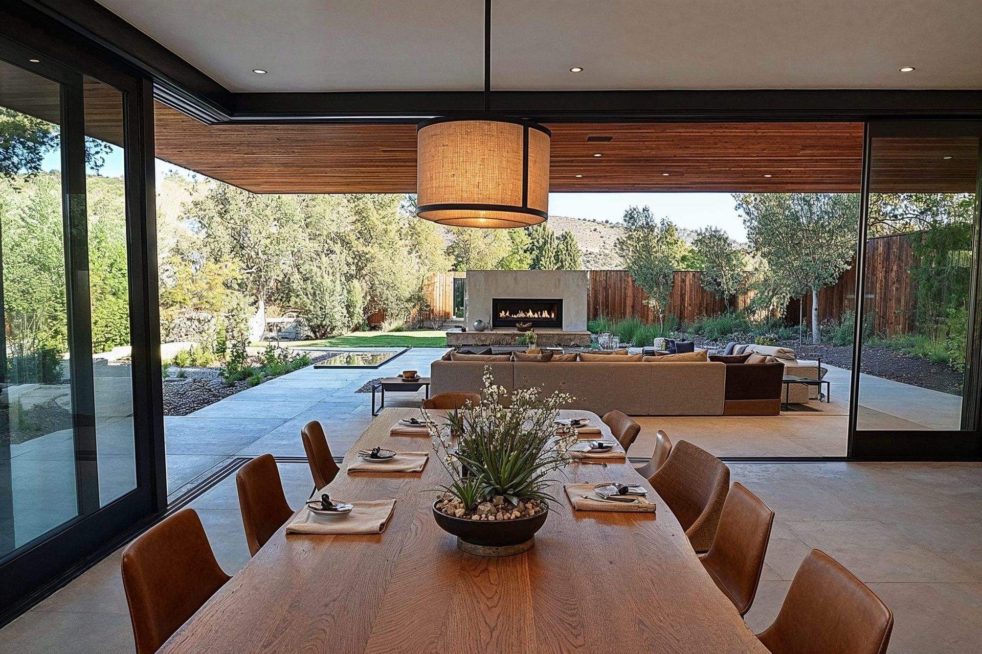 A dining room table with a vase of flowers on it