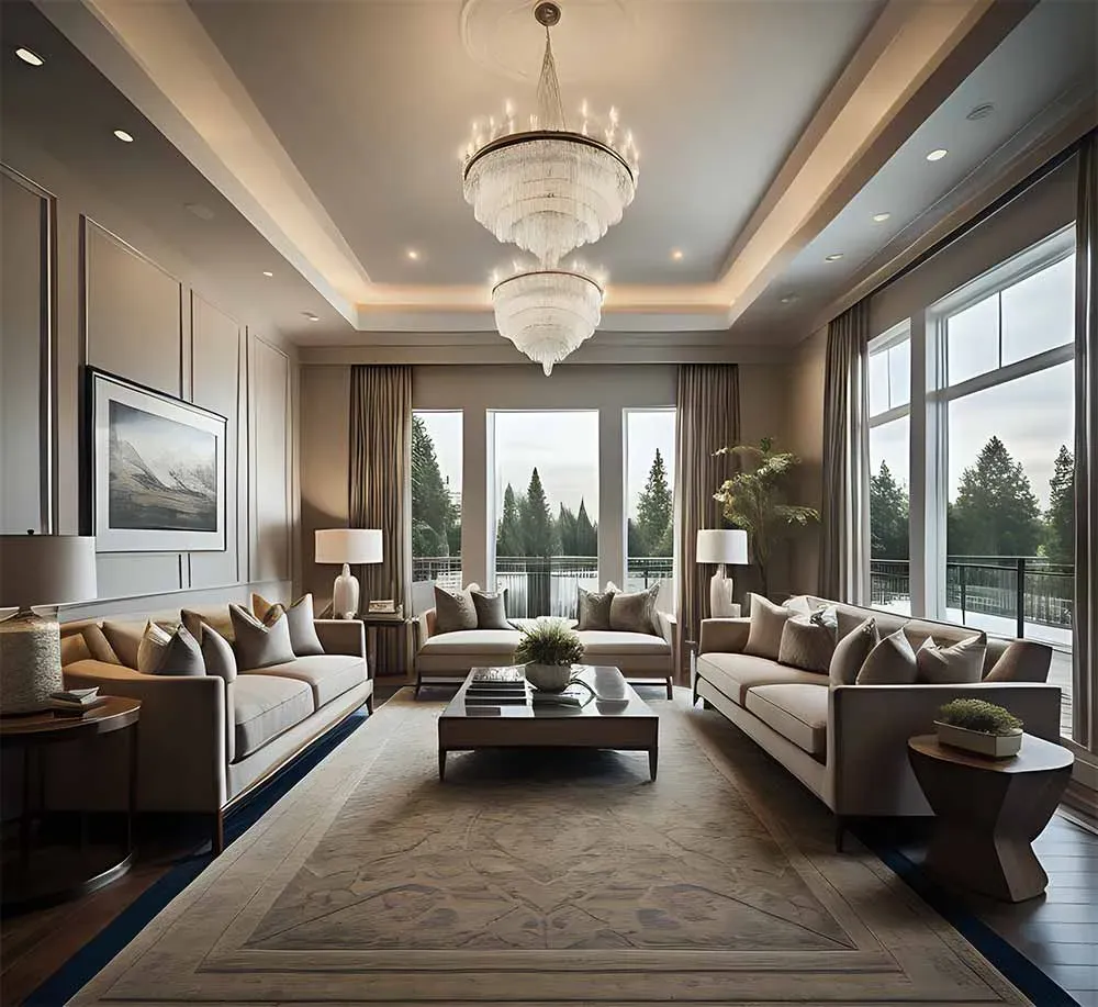 A living room with a chandelier hanging from the ceiling