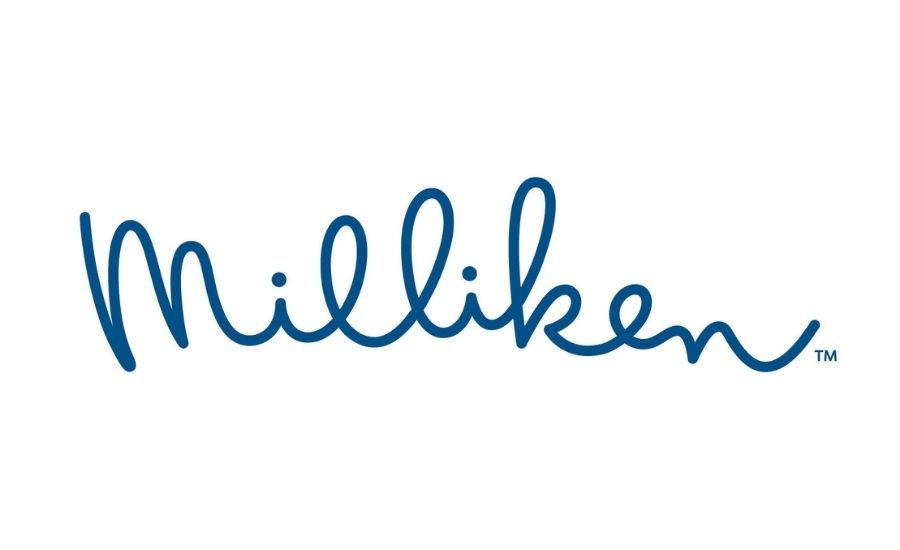 The milliken logo is blue and white and looks like a handwritten logo on Floor Source Website