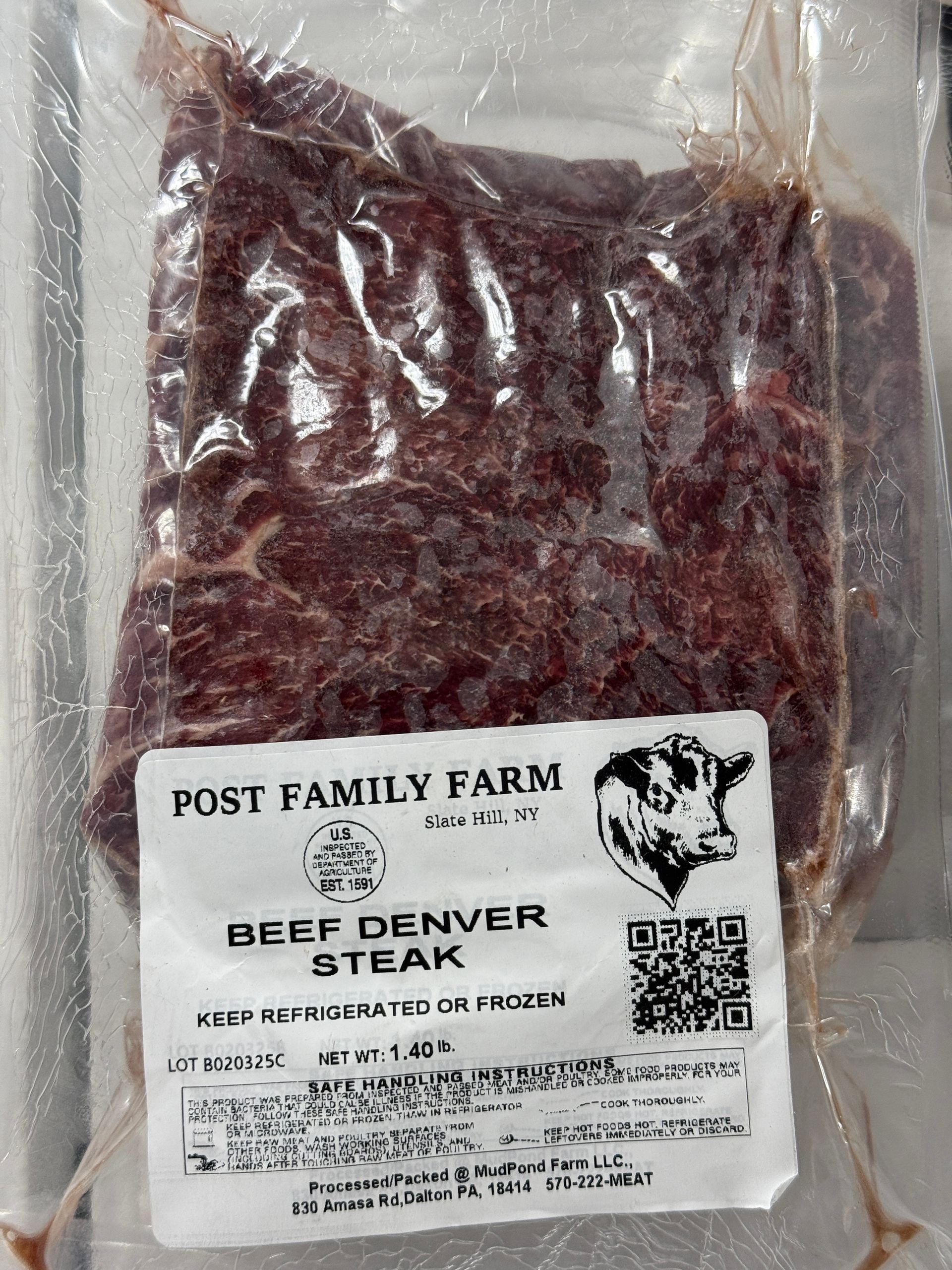 Sealed package of raw Denver steak from Posi Family Farm.