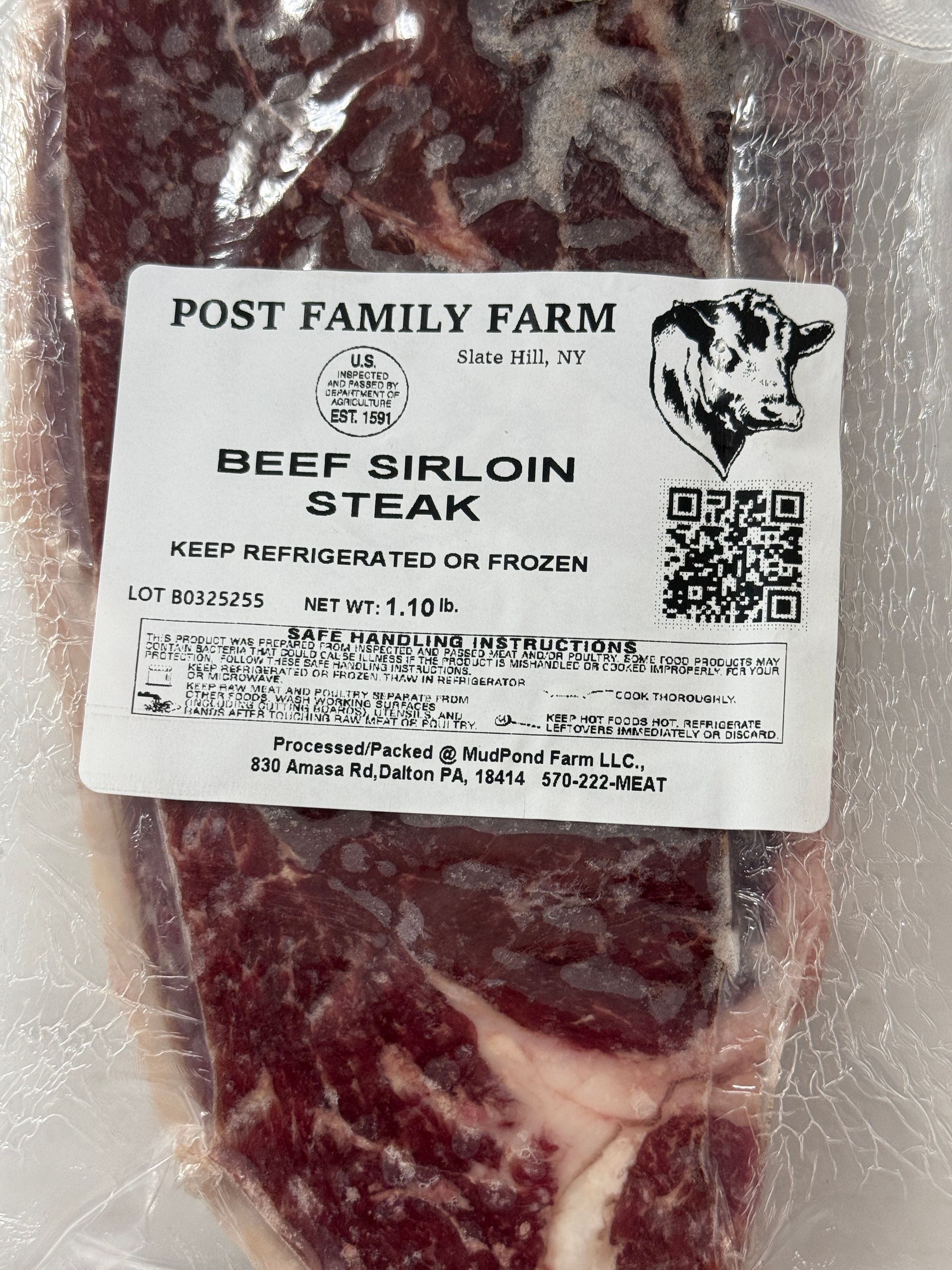 Beef sirloin steak, vacuum-sealed in plastic packaging with a label from Post Family Farm.