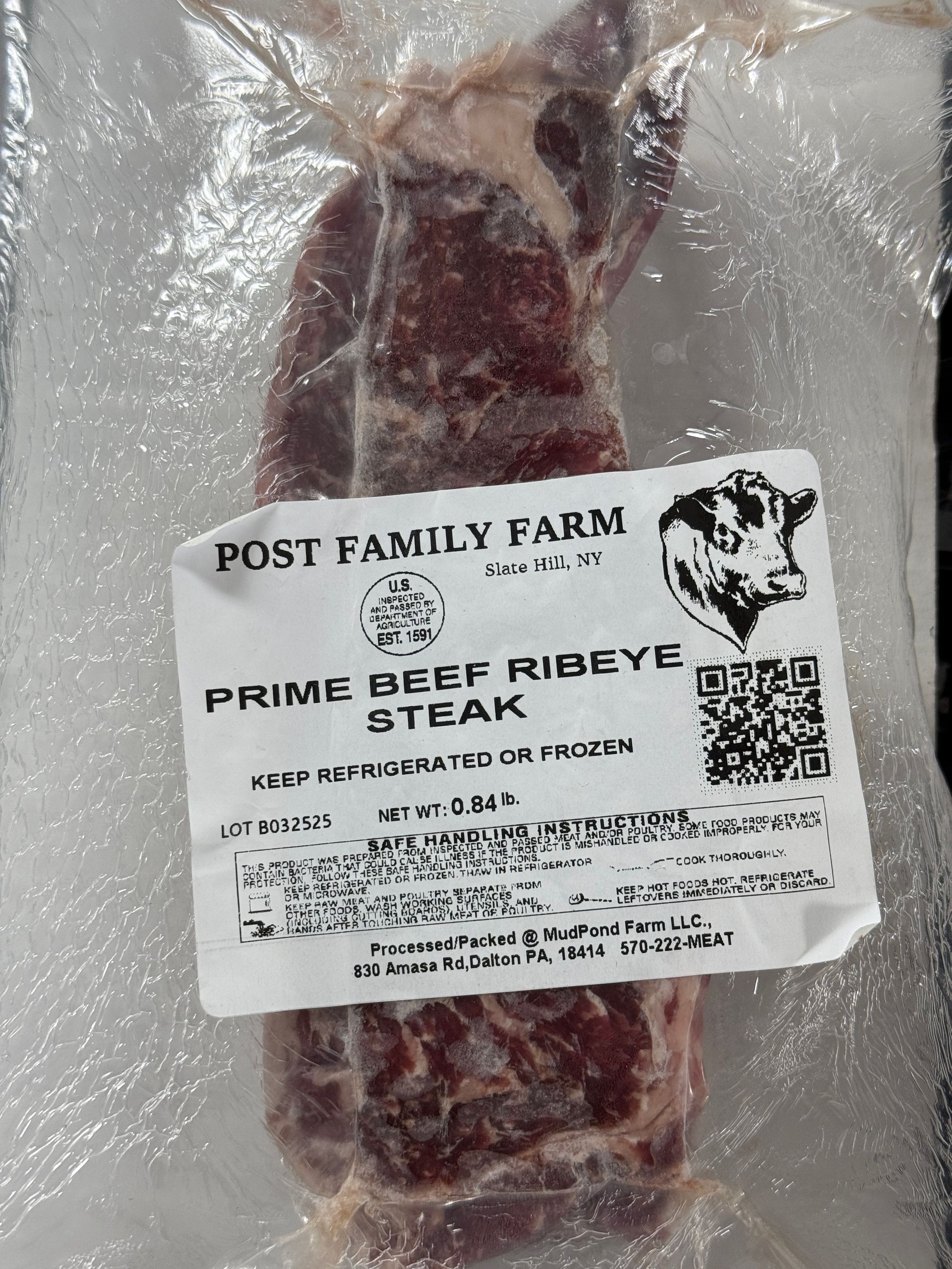 A vacuum-sealed Prime Beef Ribeye Steak package from Post Family Farm.