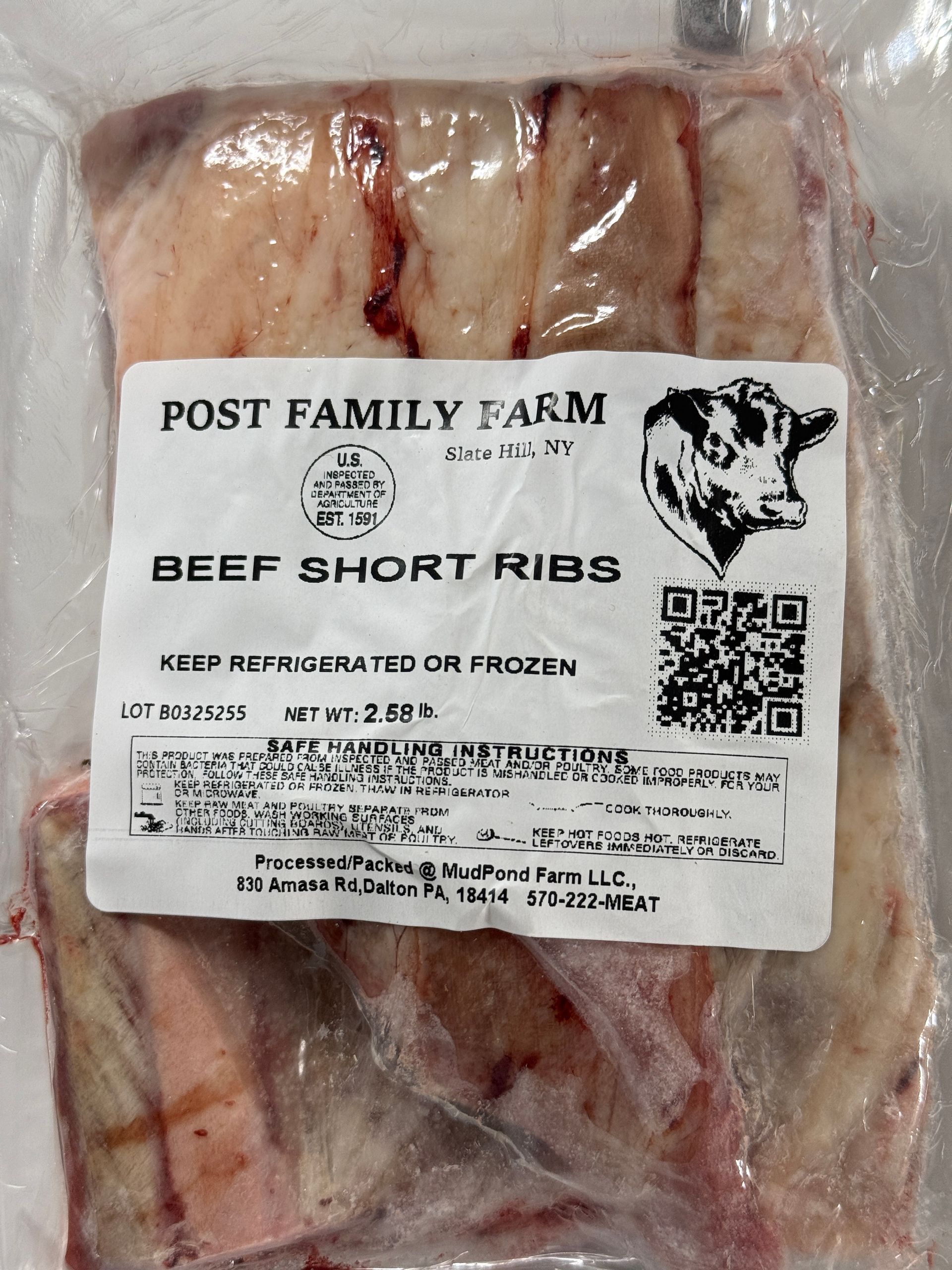 Packaged beef short ribs from Post Family Farm, label visible.