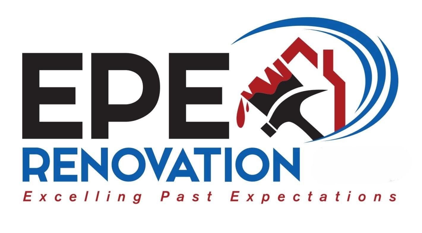 EPE Renovation logo with black text and an illustration of a house being renovated. Blue, red, and black colors used.