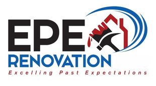 EPE Renovation logo with black text and an illustration of a house being renovated. Blue, red, and black colors used.