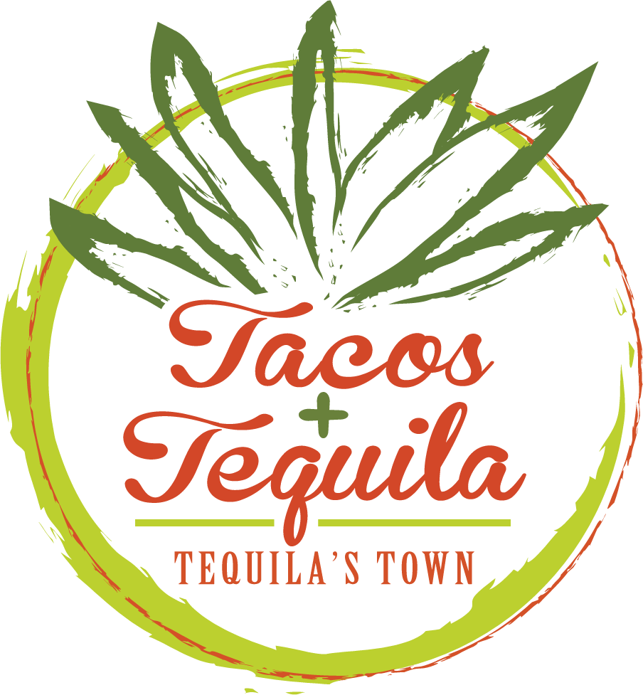 A logo for tacos + tequila tequila 's town
