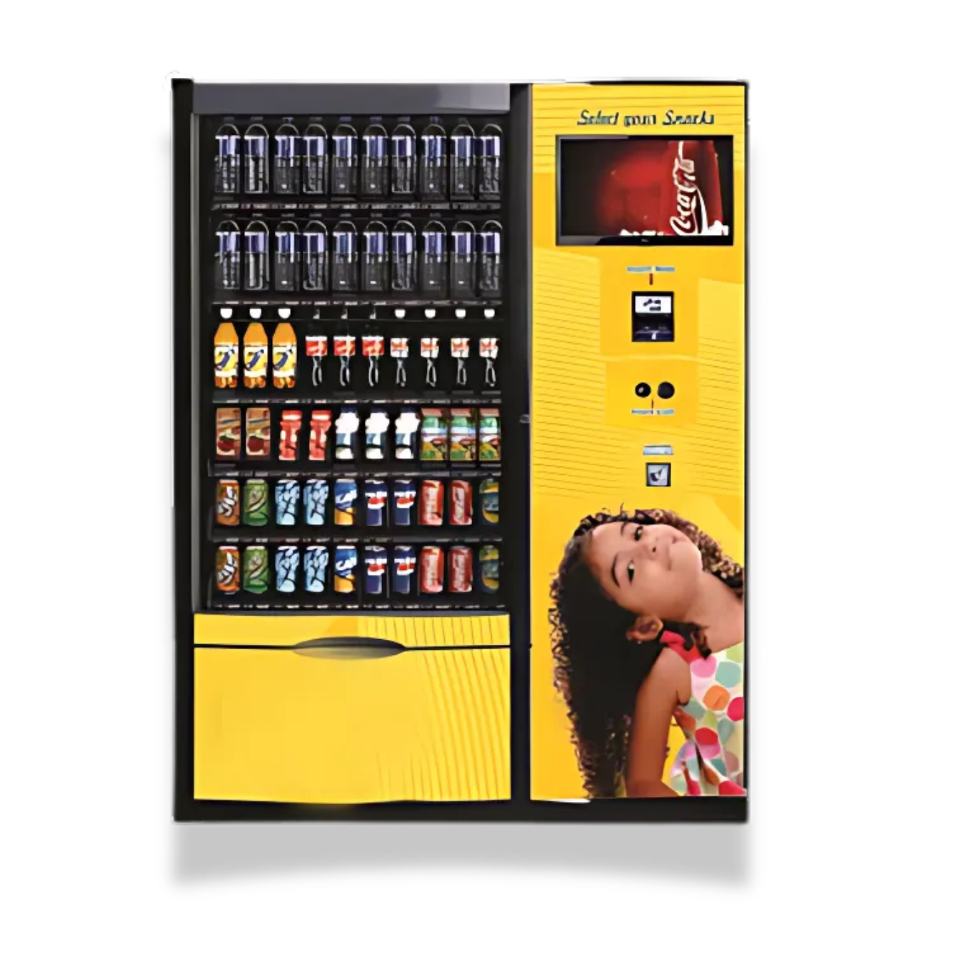 Yellow vending machine with drinks, a digital screen, and a girl's image.