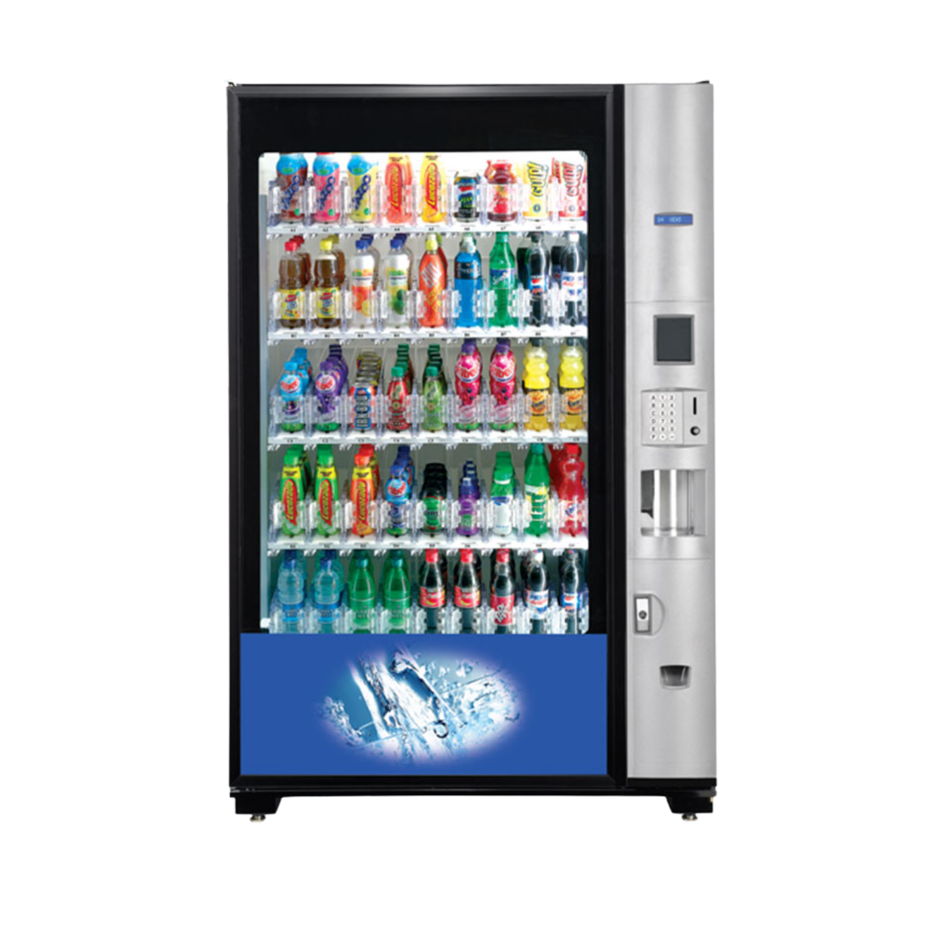 A vending machine filled with colorful drinks; silver exterior, blue water design, glass display.