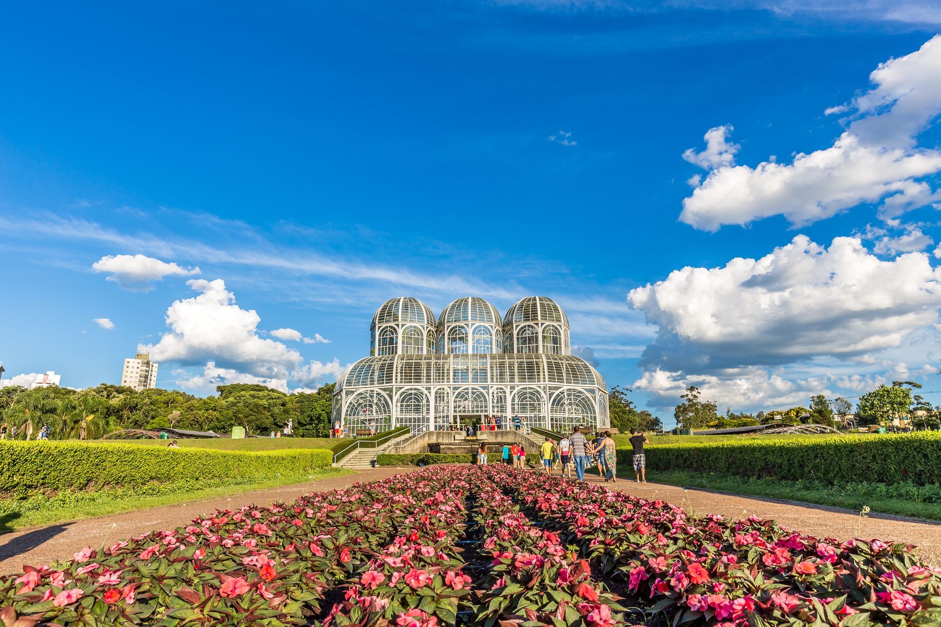 Um grupo de pessoas caminha em um parque florido em frente a um prédio.