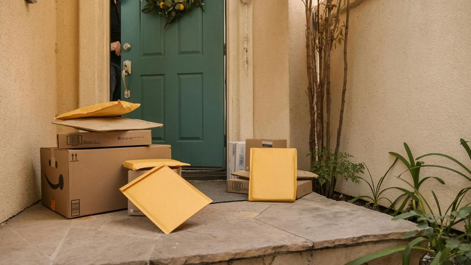 A stack of boxes and envelopes on a porch in front of a door.