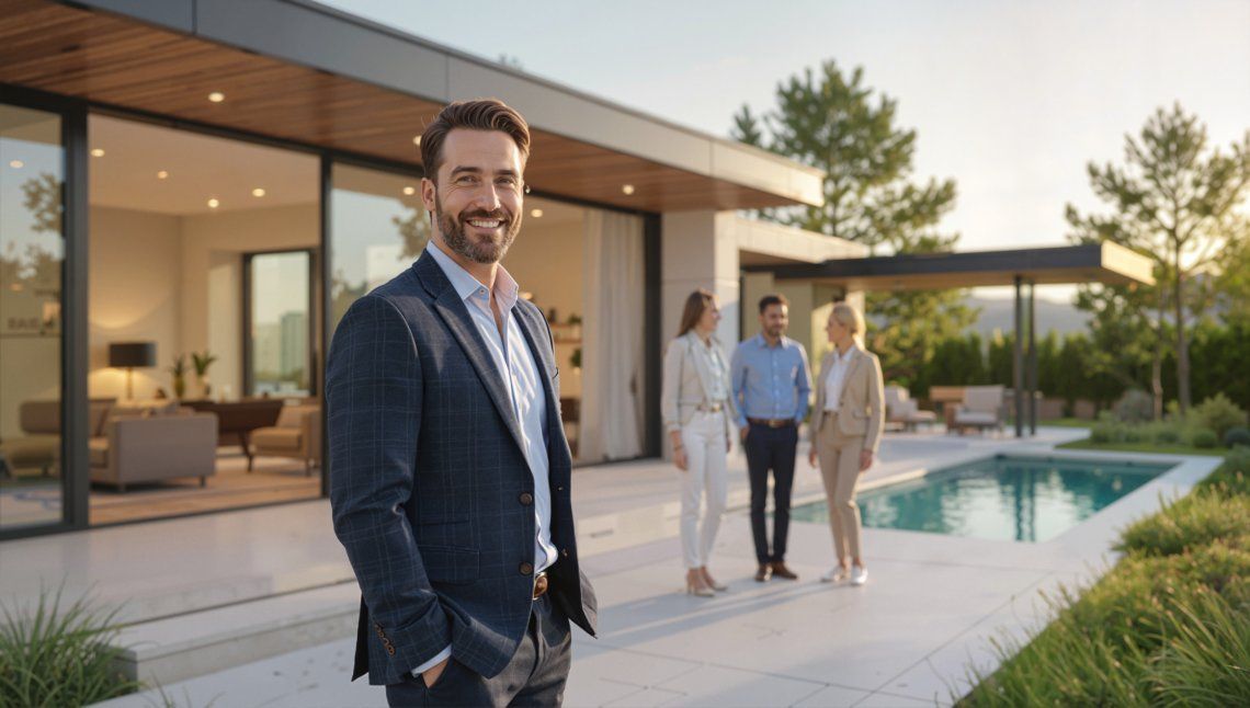people having a meeting in front of a luxury home