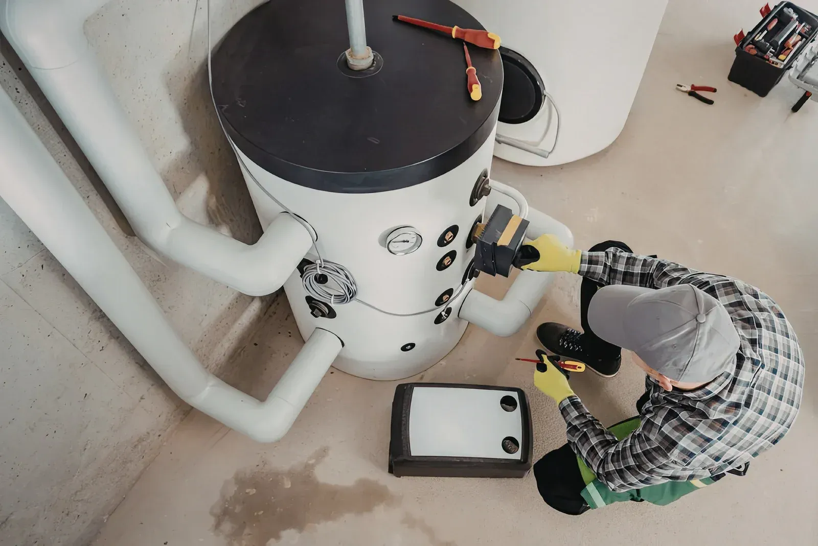 Person kneeling beside a white water heater, inspecting pipes with tools in a utility room.