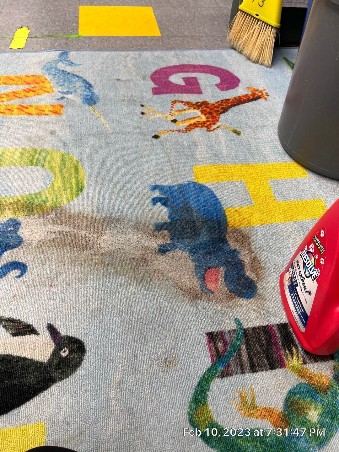 A colorful rug with animals and letters on it is being cleaned.