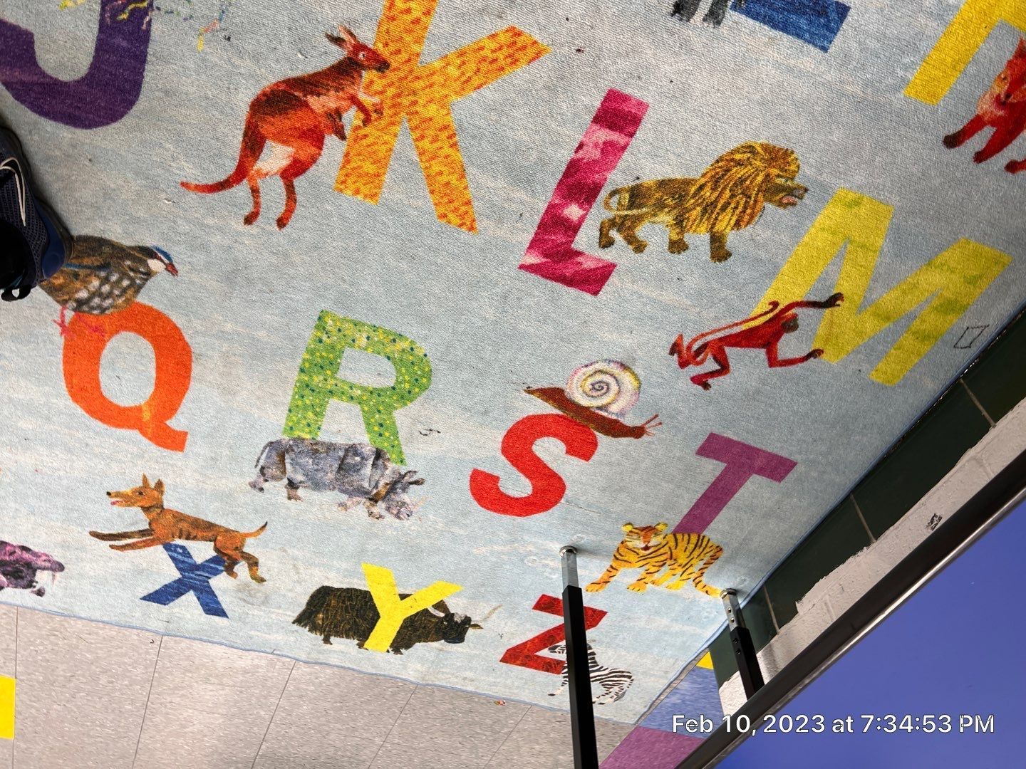 A ceiling with letters and animals painted on it