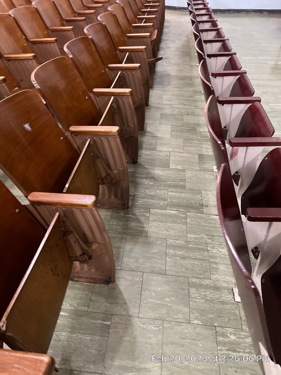 A row of wooden auditorium seats with red arm rests