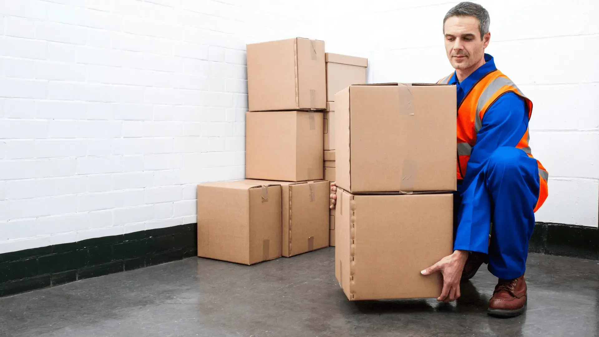 Worker in blue jumpsuit and orange vest lifting a cardboard box in a storage area with other boxes.