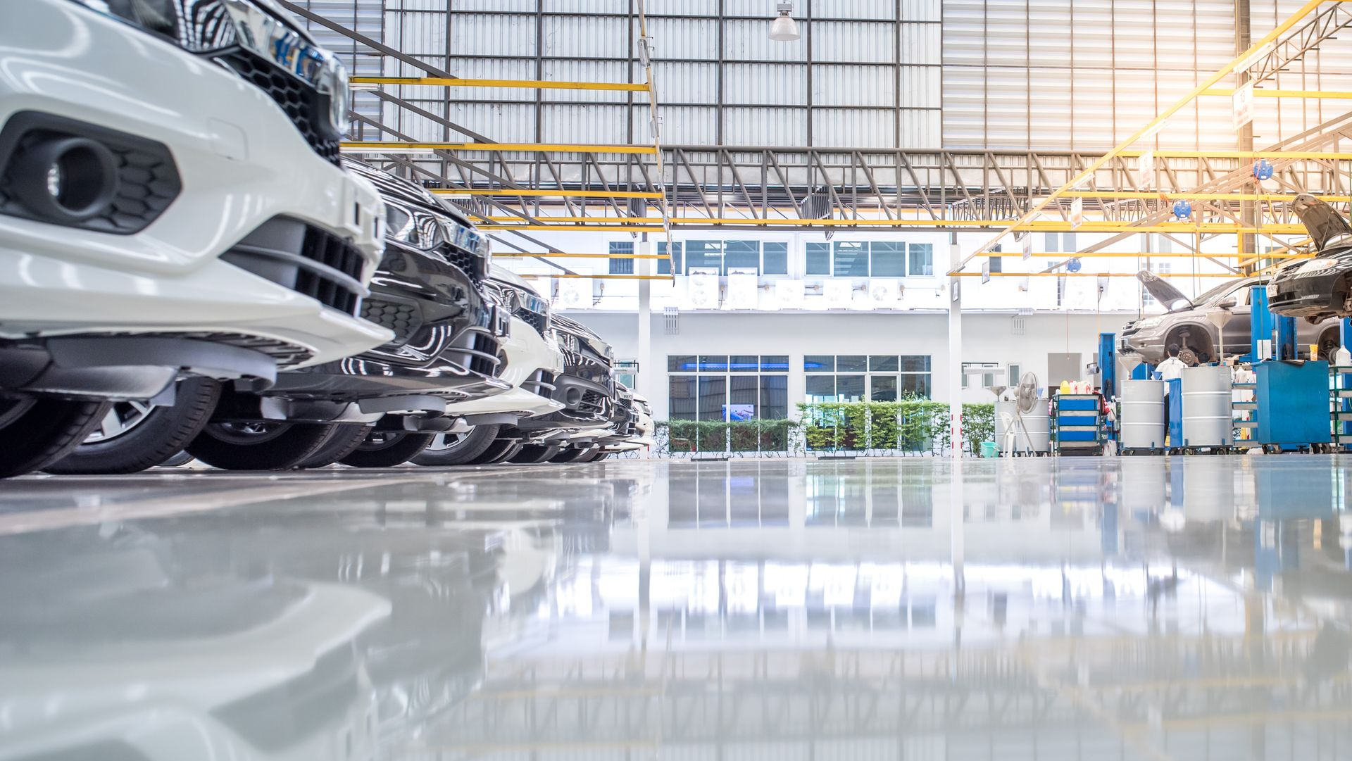 Cars lined up inside a large, bright garage with a polished floor.