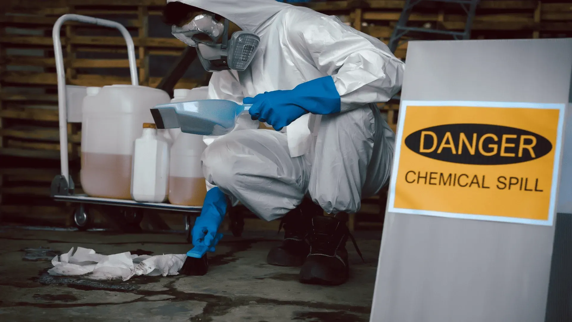 Person in hazmat suit cleans chemical spill with a dustpan and brush near a 
