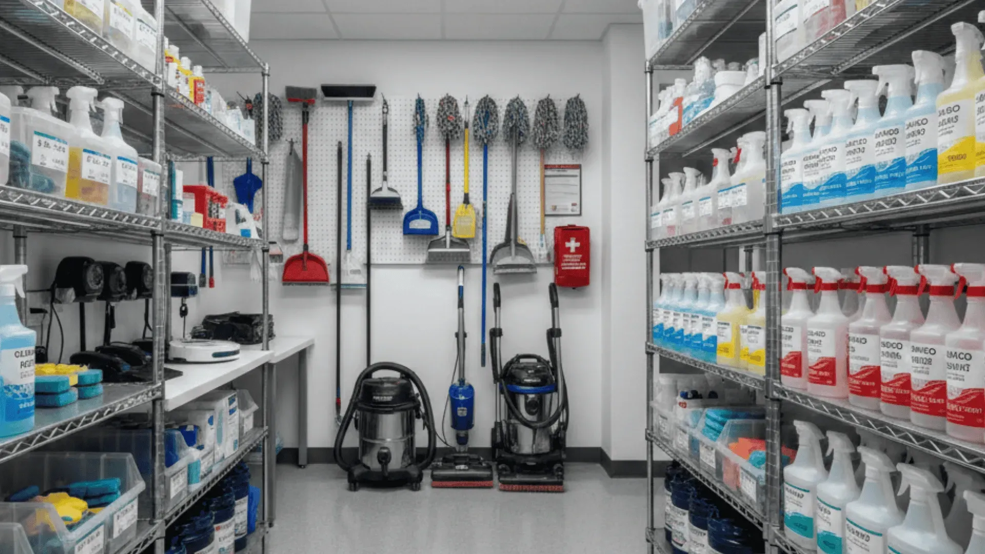 Cleaning supply storage room with shelves of bottles and wall-mounted tools.