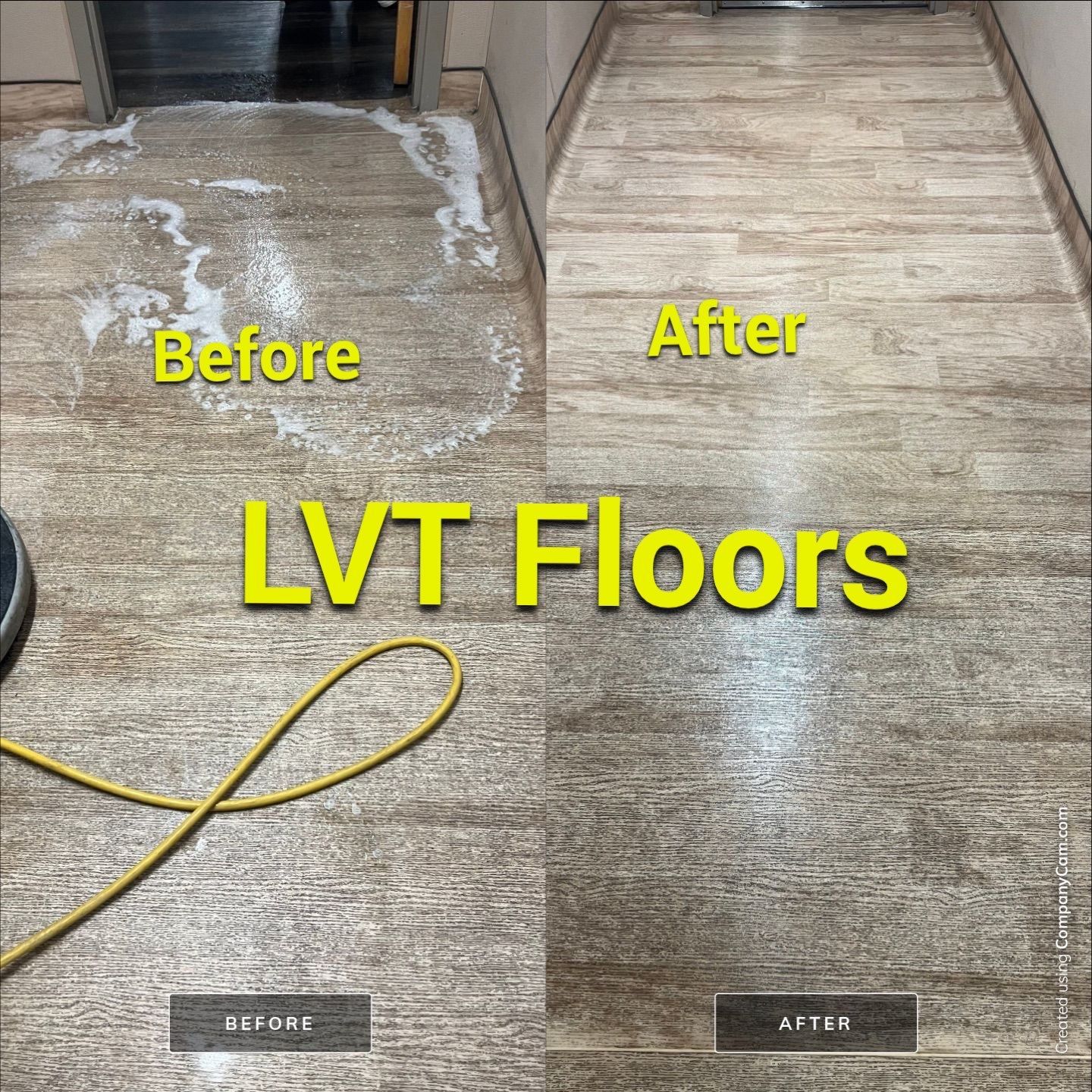 A before and after photo of a lvt floor being cleaned.