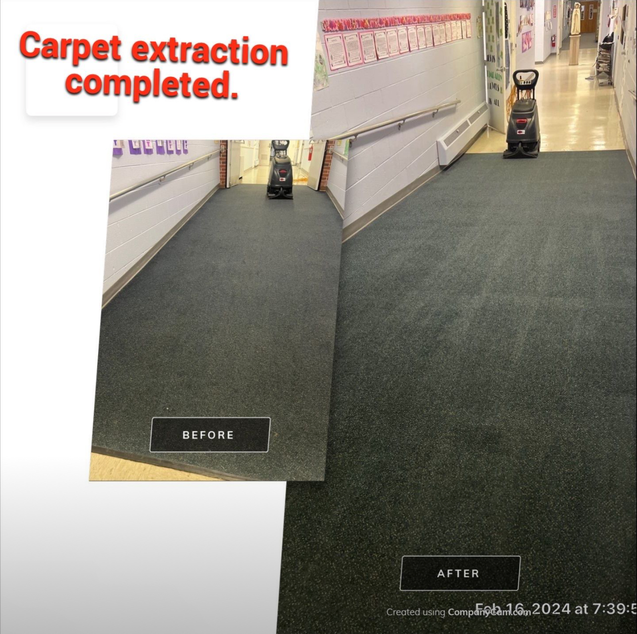 A before and after photo of a carpet extraction