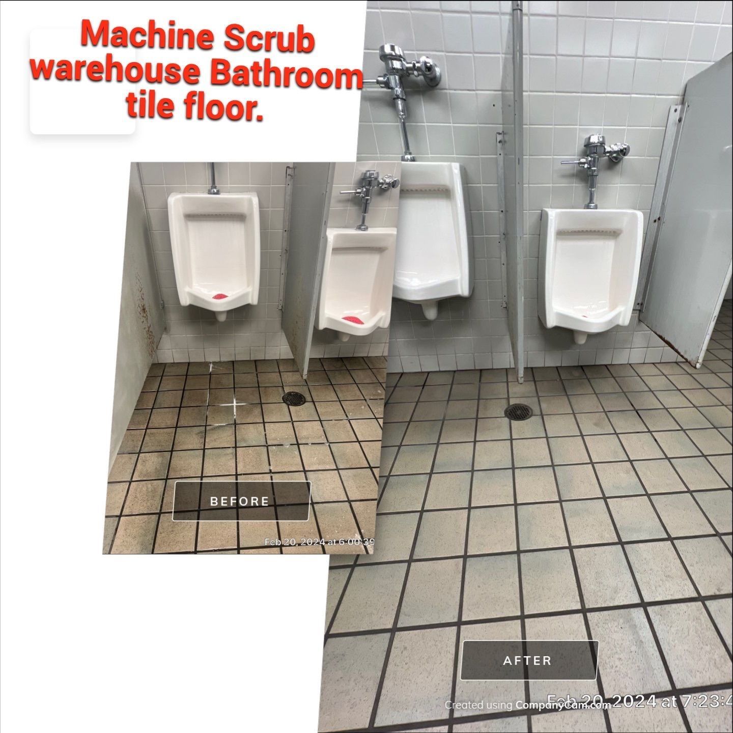 A before and after photo of a machine scrub warehouse bathroom tile floor