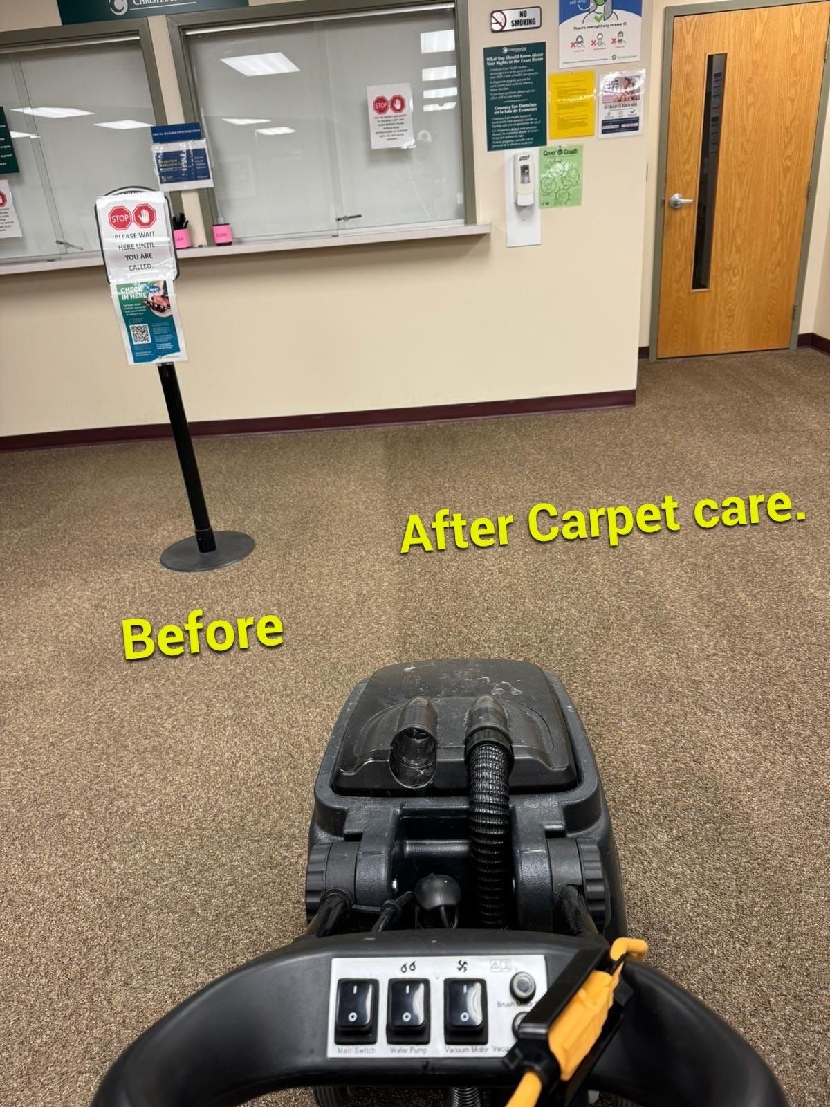 A before and after picture of a carpet cleaner in a room.