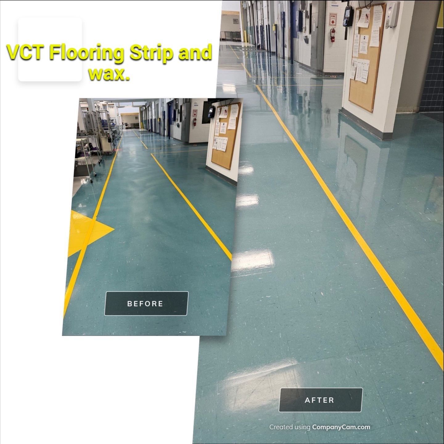 A before and after photo of a vct flooring strip and wax