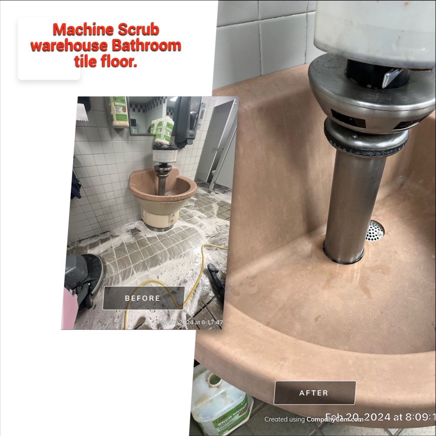 A before and after photo of a machine scrub warehouse bathroom tile floor