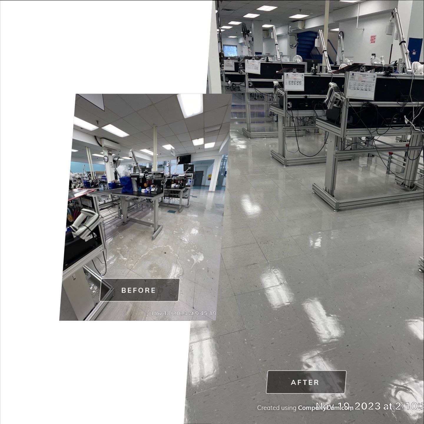 A before and after photo of a factory floor.