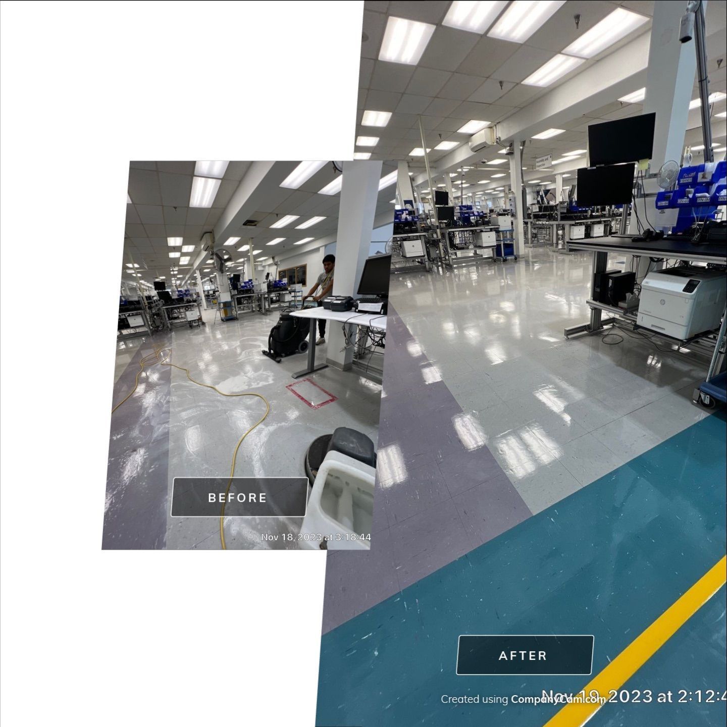 A before and after photo of a factory floor