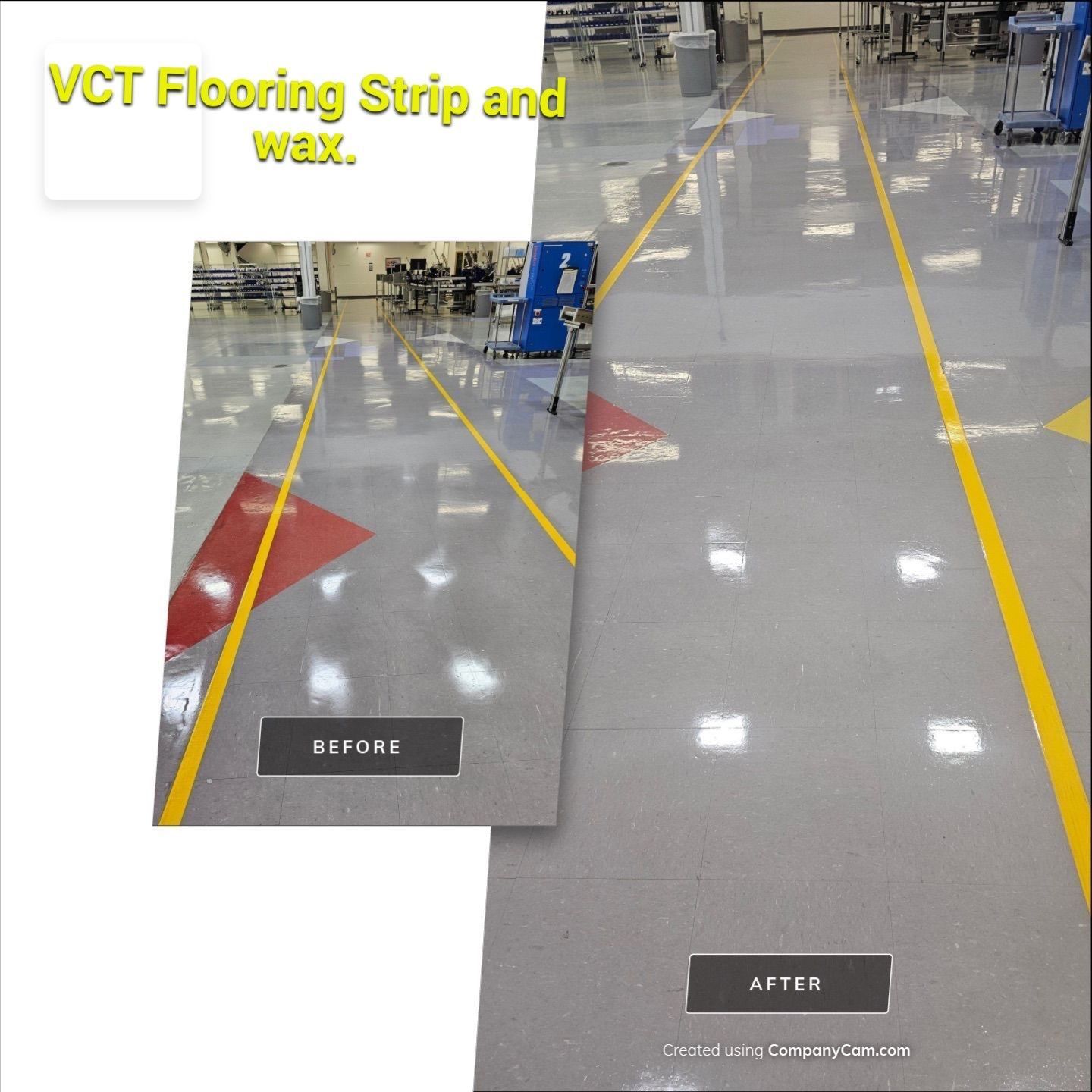 A before and after photo of a vct flooring strip and wax