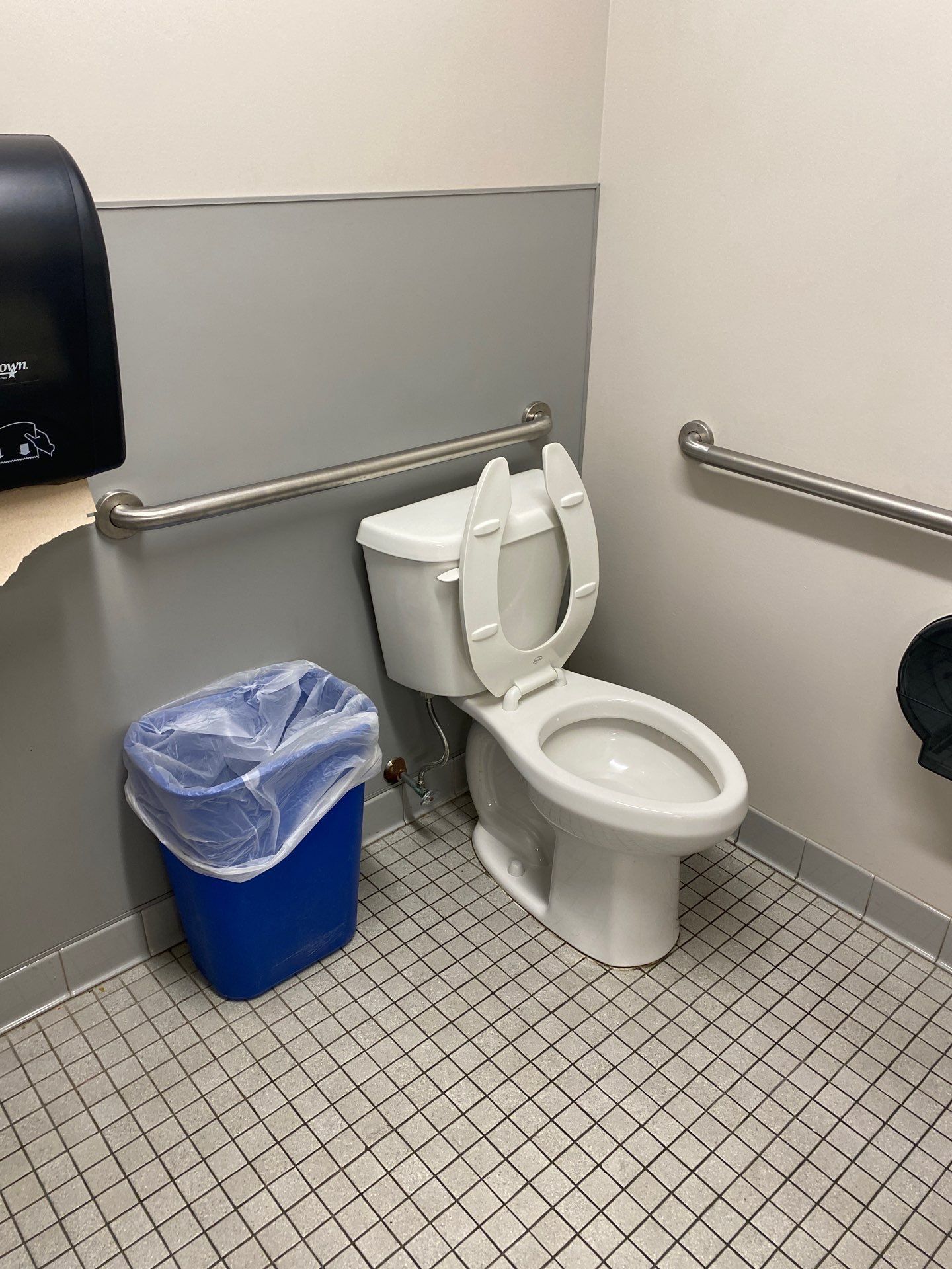 A bathroom with a toilet , trash can and handrails.