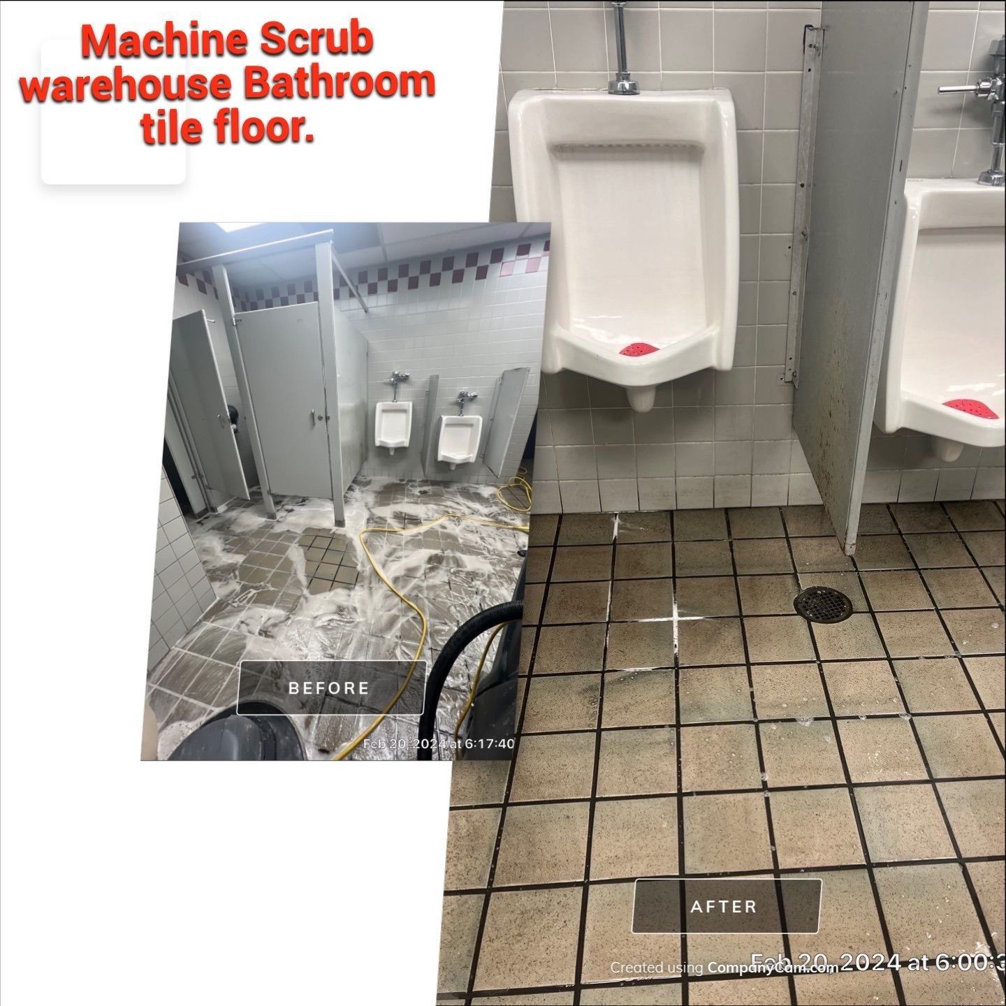 A picture of a bathroom before and after being cleaned by a machine scrub warehouse bathroom tile floor.