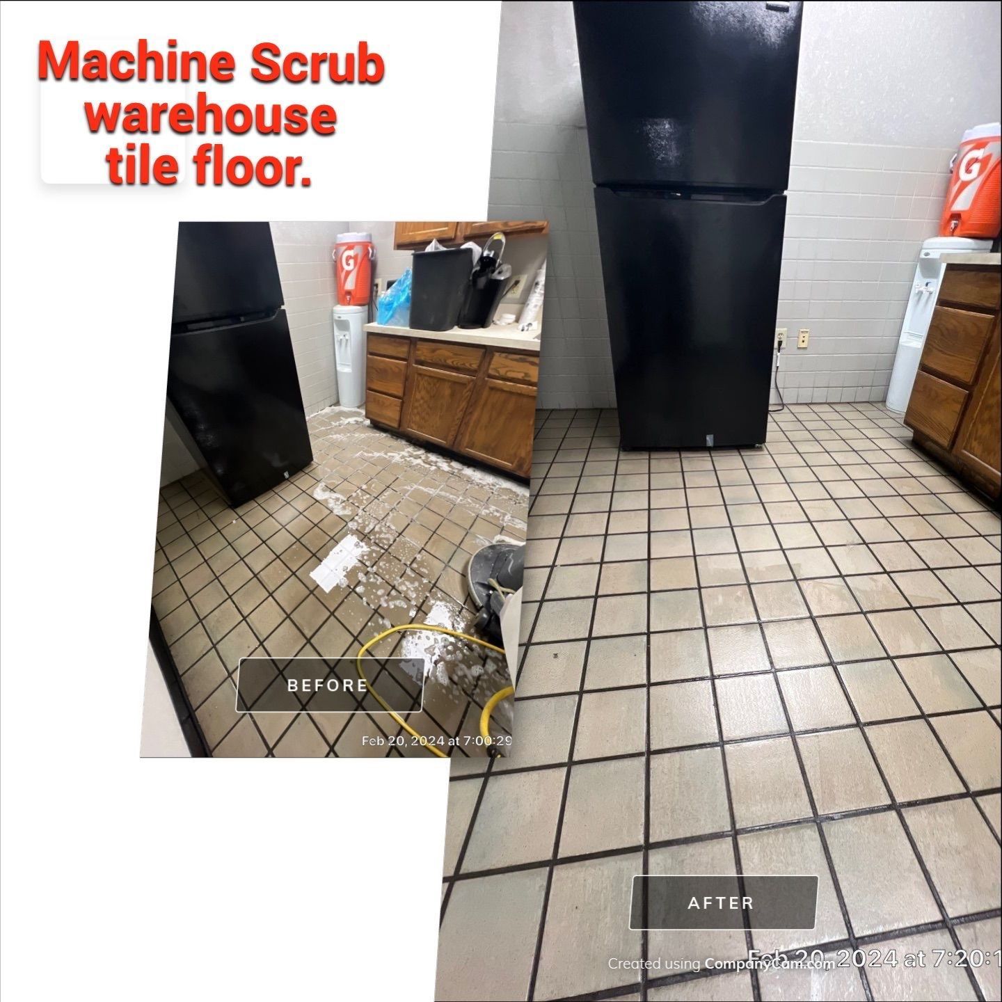 A before and after picture of a machine scrub warehouse tile floor.