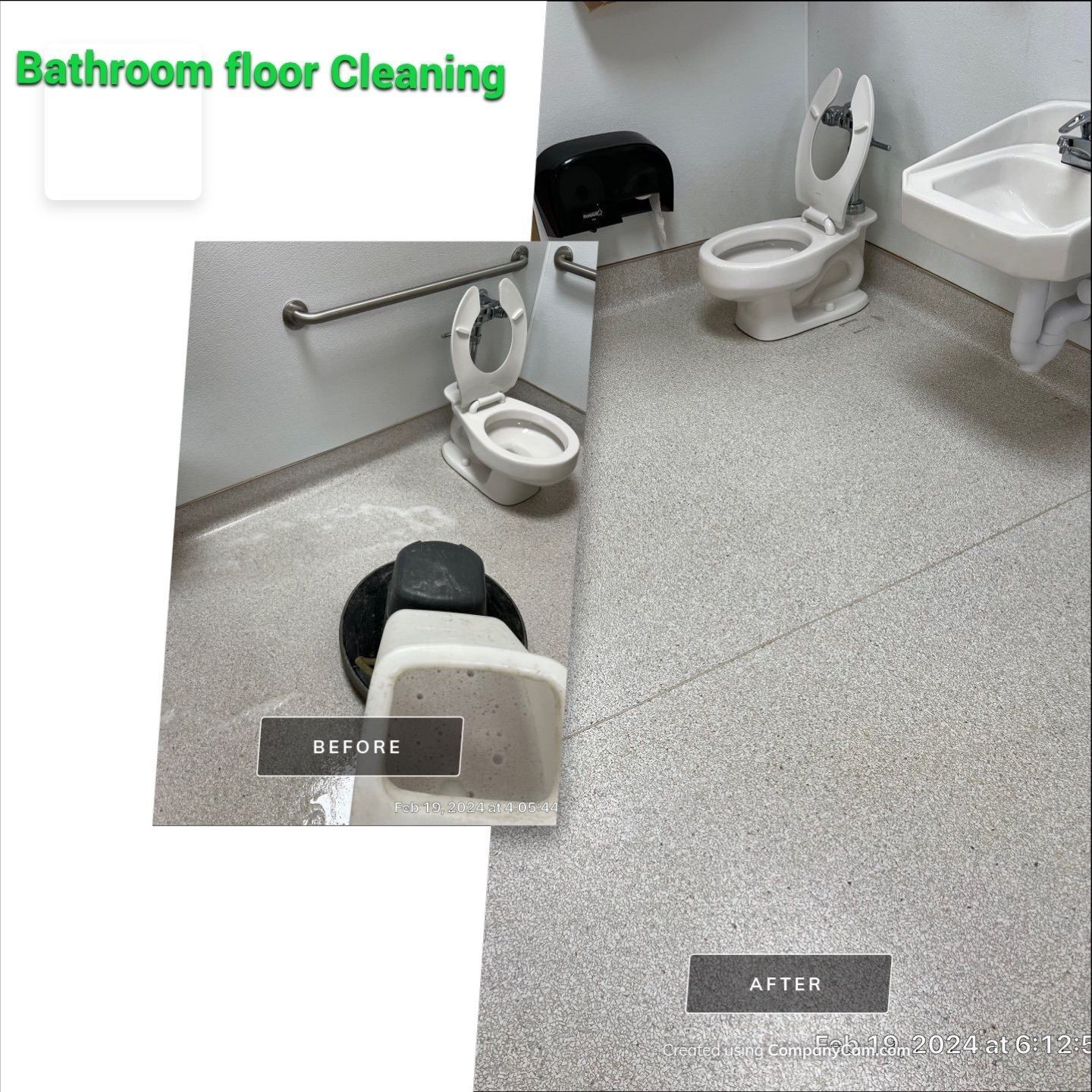 A before and after photo of a bathroom floor cleaning