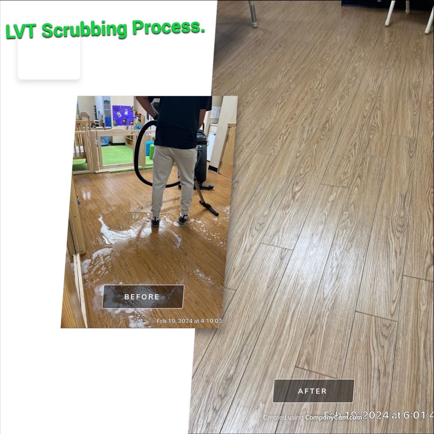 A before and after photo of a wood floor being scrubbed