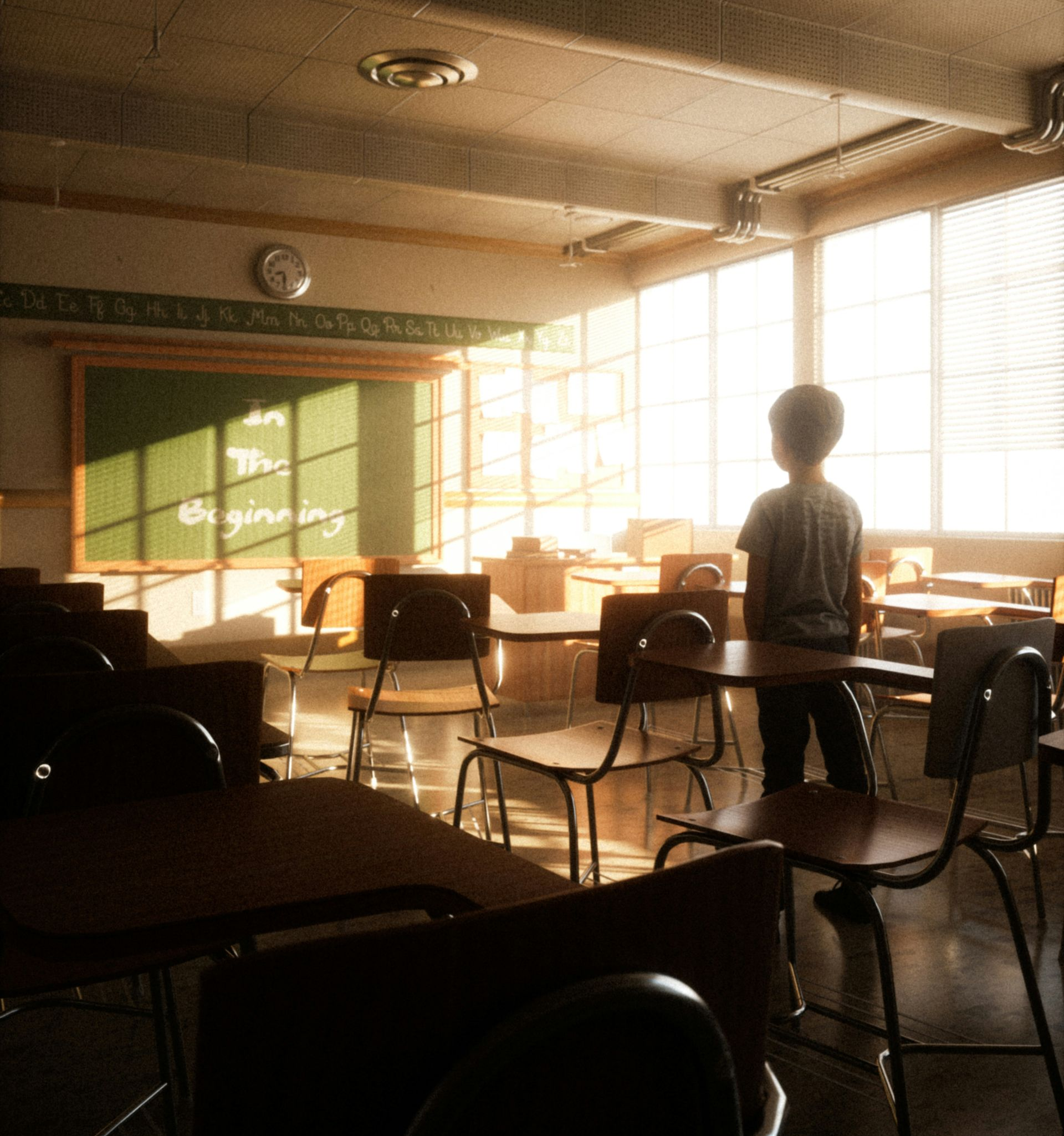 Child looking out window in a sunlit classroom, empty desks and chalkboard in view.