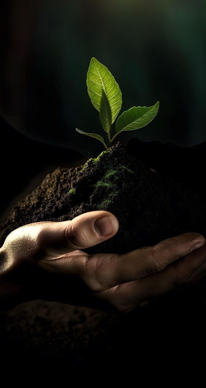 Hands cupped, holding a dark mound of soil with a small green plant sprouting upwards.