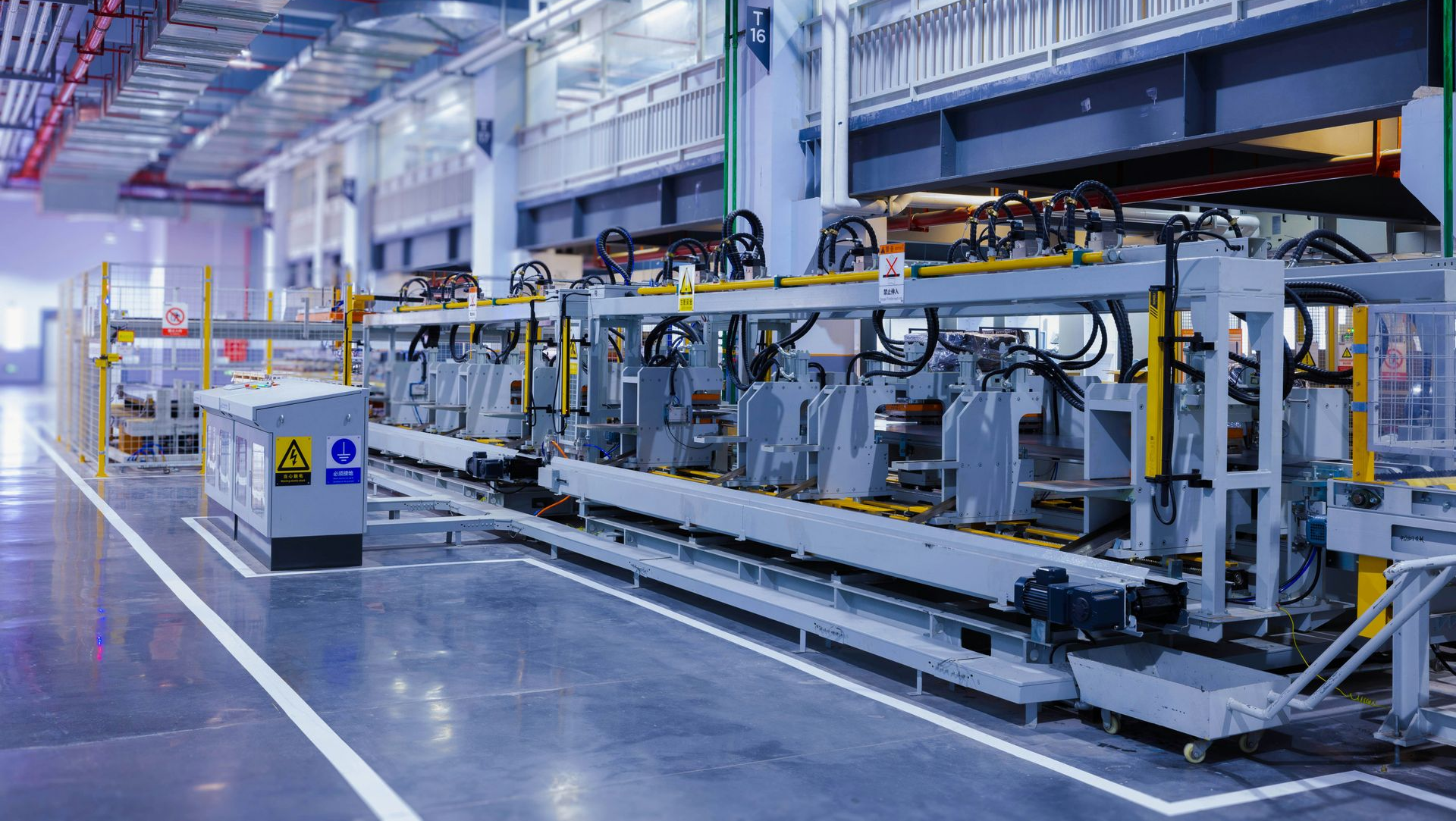 Factory assembly line, gray machinery, white floor, red piping, industrial setting.