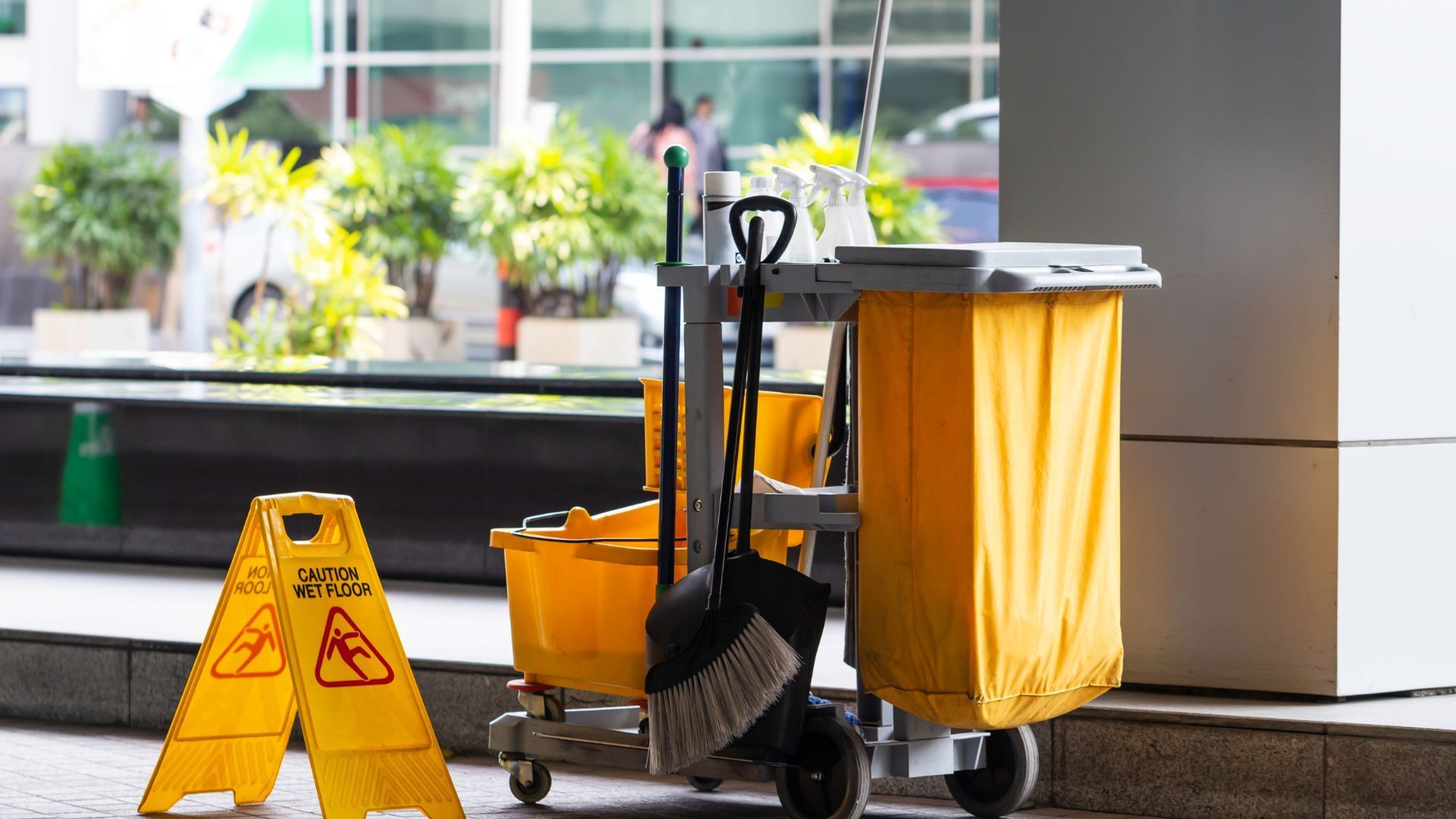 Yellow cleaning cart and 