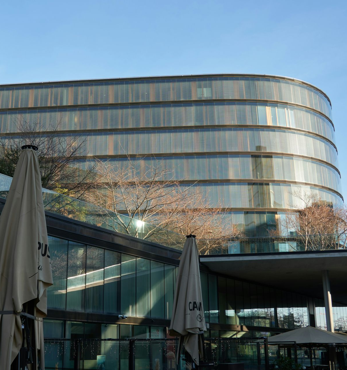 Curved glass building with reflective facade; patio umbrellas in foreground, blue sky.