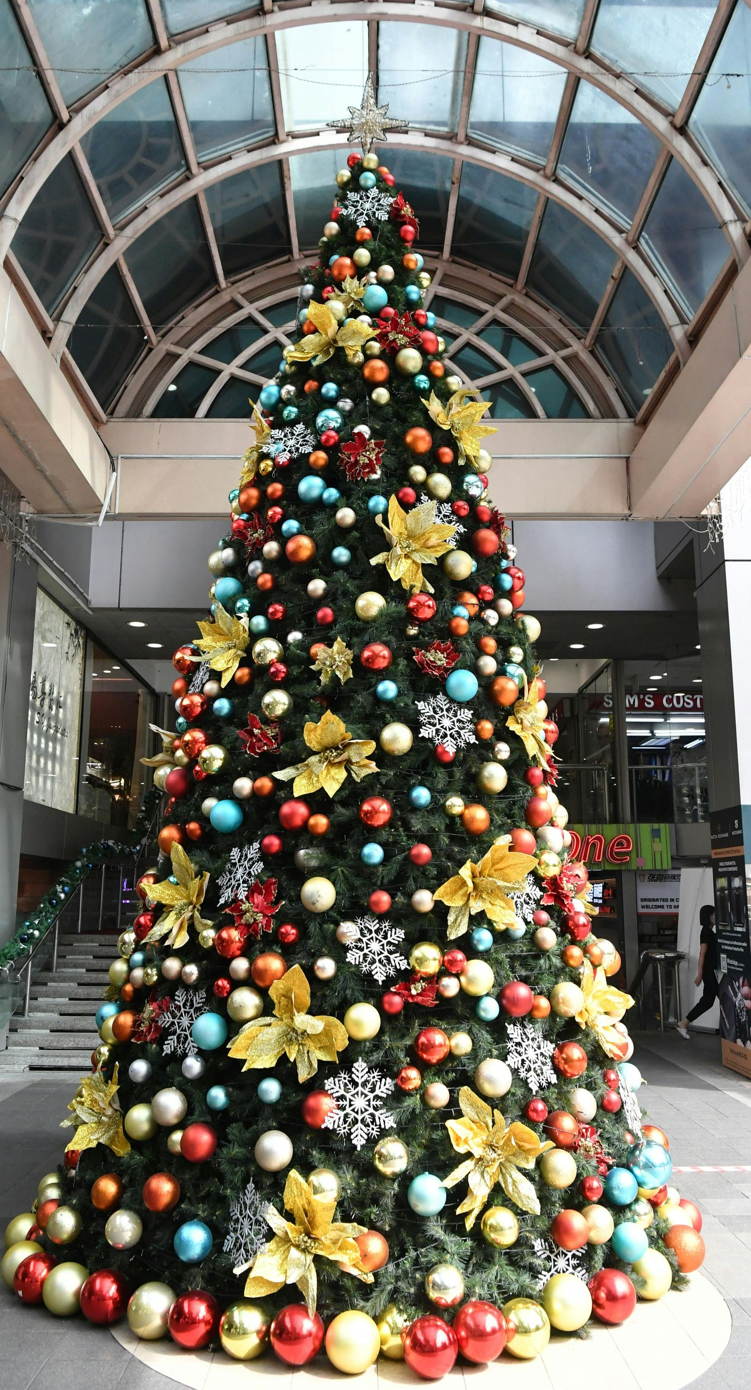 Large decorated Christmas tree inside a building with colorful ornaments, set under a glass ceiling.